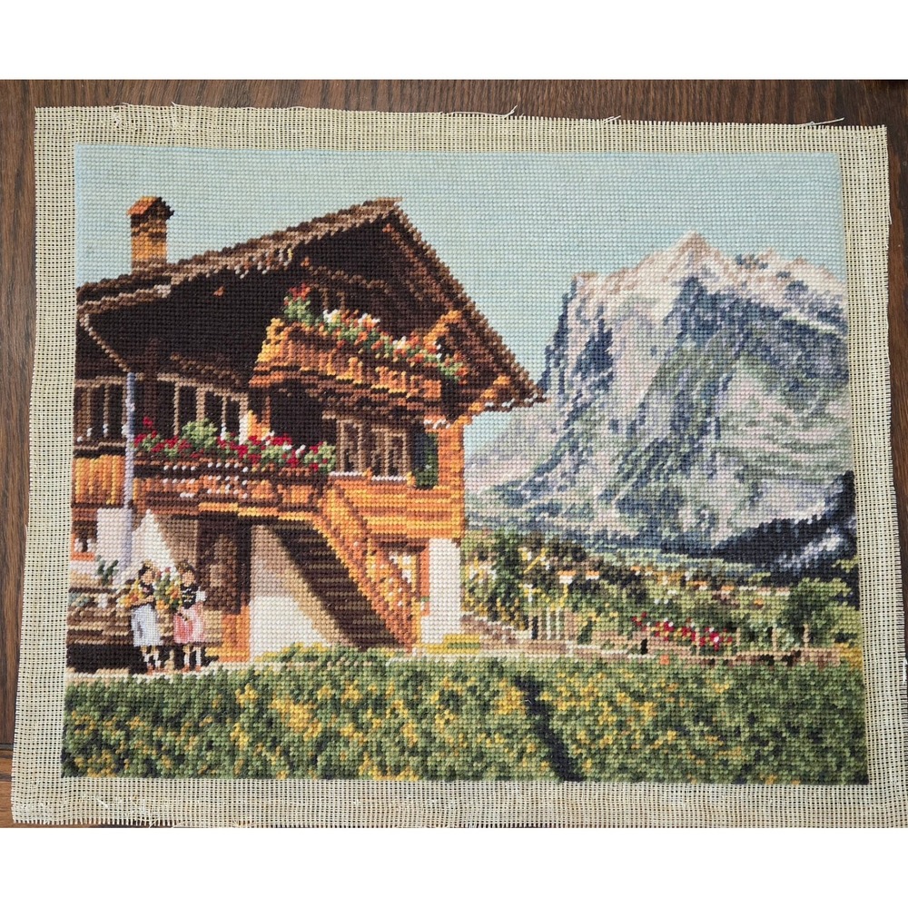 Vintage Needlepoint Tapestry Alpine Chalet Mountain Cottage Wall Art 17.5x14